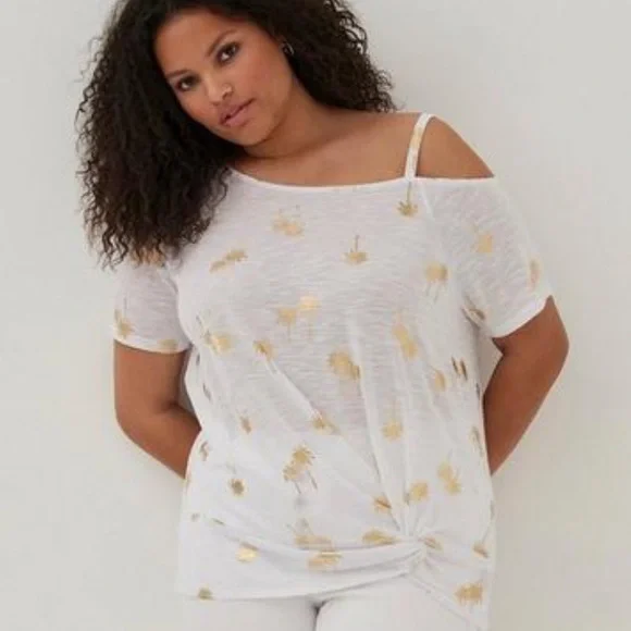 NWT! TORRID gold foil palm tree print skin tee, 2X. - Picture 2 of 9